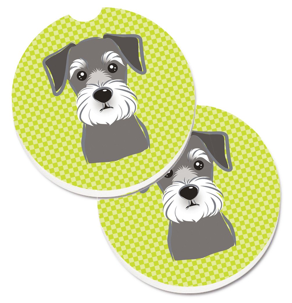 Checkerboard Lime Green Schnauzer Set of 2 Cup Holder Car Coasters BB1268CARC by Caroline&#39;s Treasures