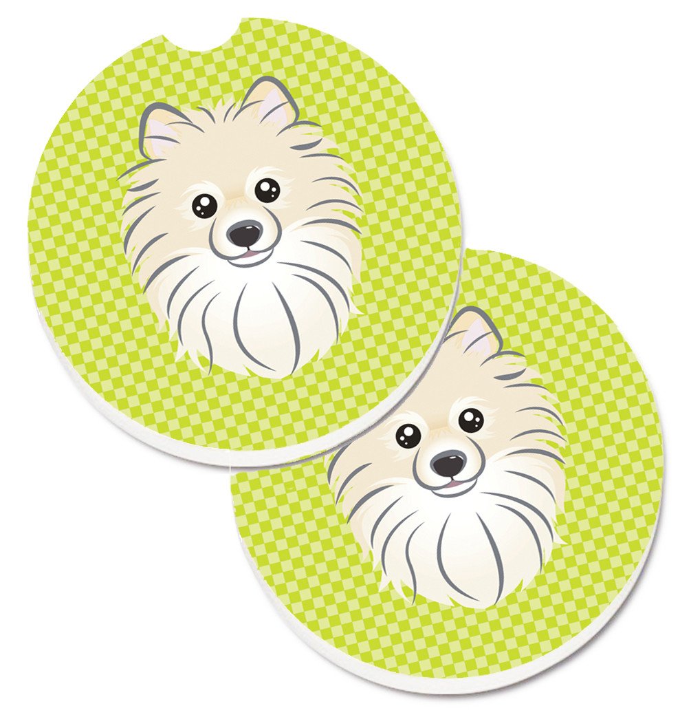 Checkerboard Lime Green Pomeranian Set of 2 Cup Holder Car Coasters BB1269CARC by Caroline&#39;s Treasures