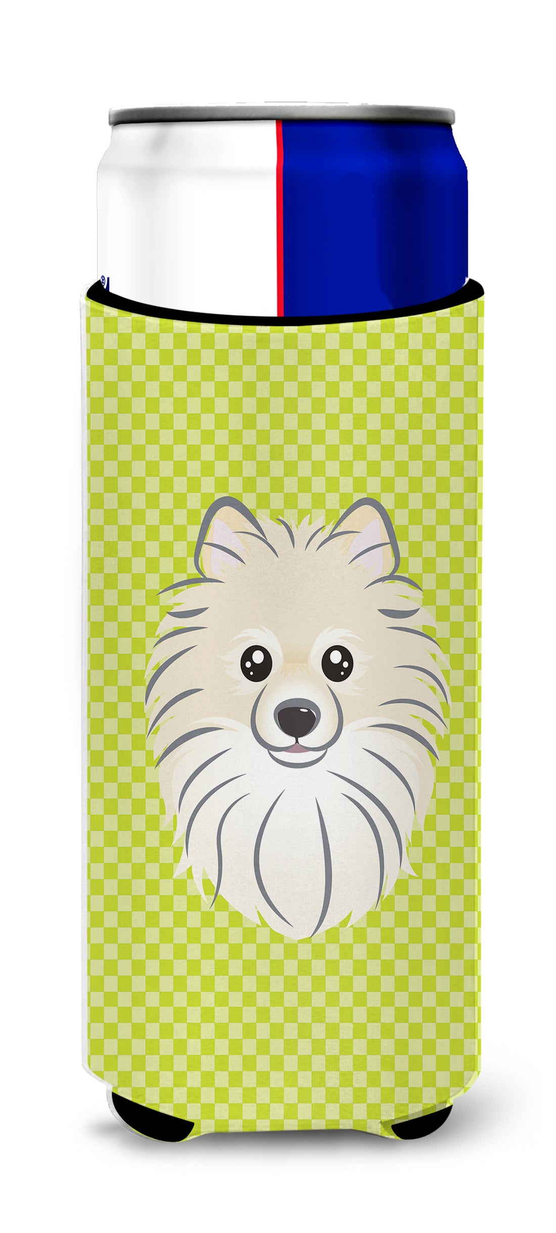 Checkerboard Lime Green Pomeranian Ultra Beverage Insulators for slim cans