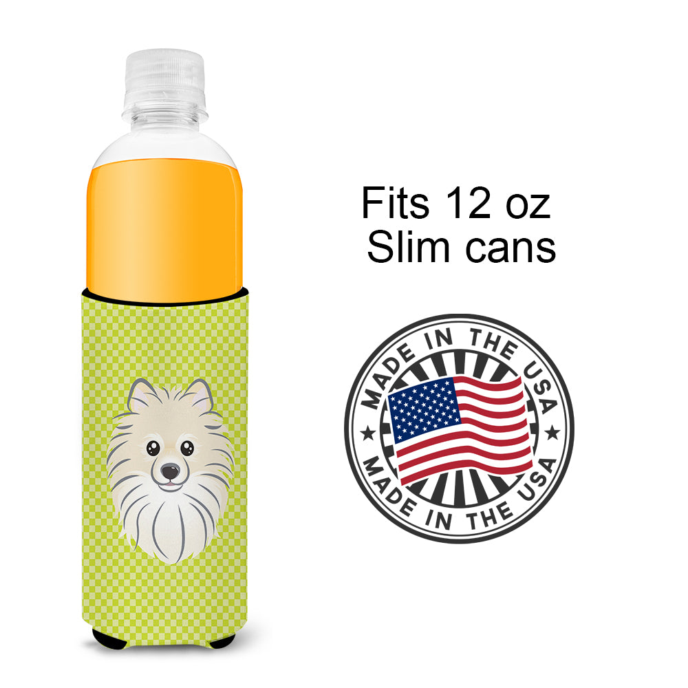 Checkerboard Lime Green Pomeranian Ultra Beverage Insulators for slim cans.