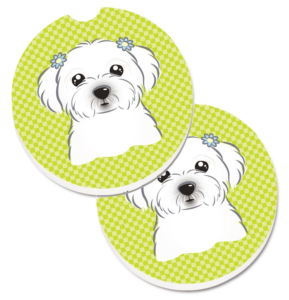 Checkerboard Lime Green Maltese Set of 2 Cup Holder Car Coasters BB1270CARC by Caroline&#39;s Treasures