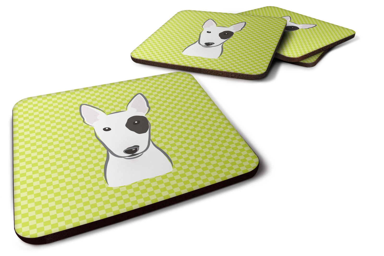 Set of 4 Checkerboard Lime Green Bull Terrier Foam Coasters BB1271FC - the-store.com