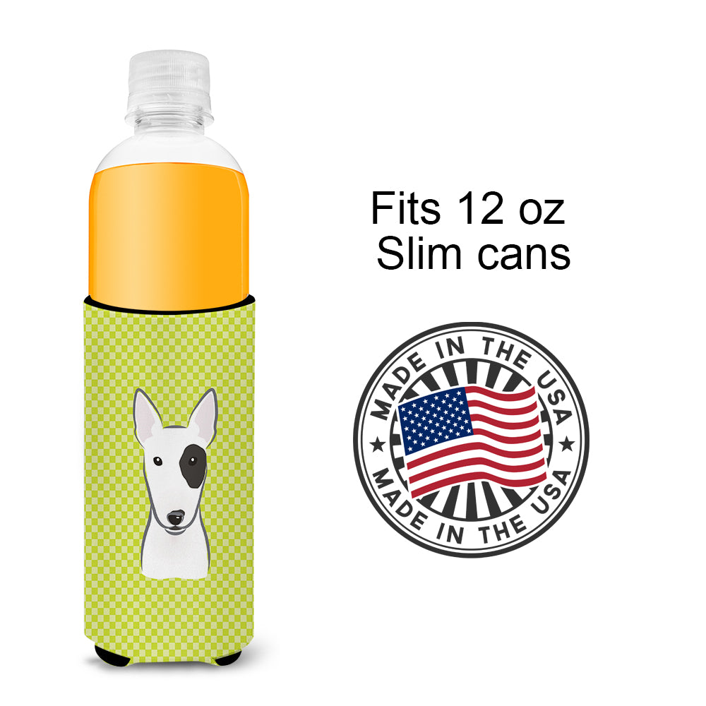 Checkerboard Lime Green Bull Terrier Ultra Beverage Insulators for slim cans.
