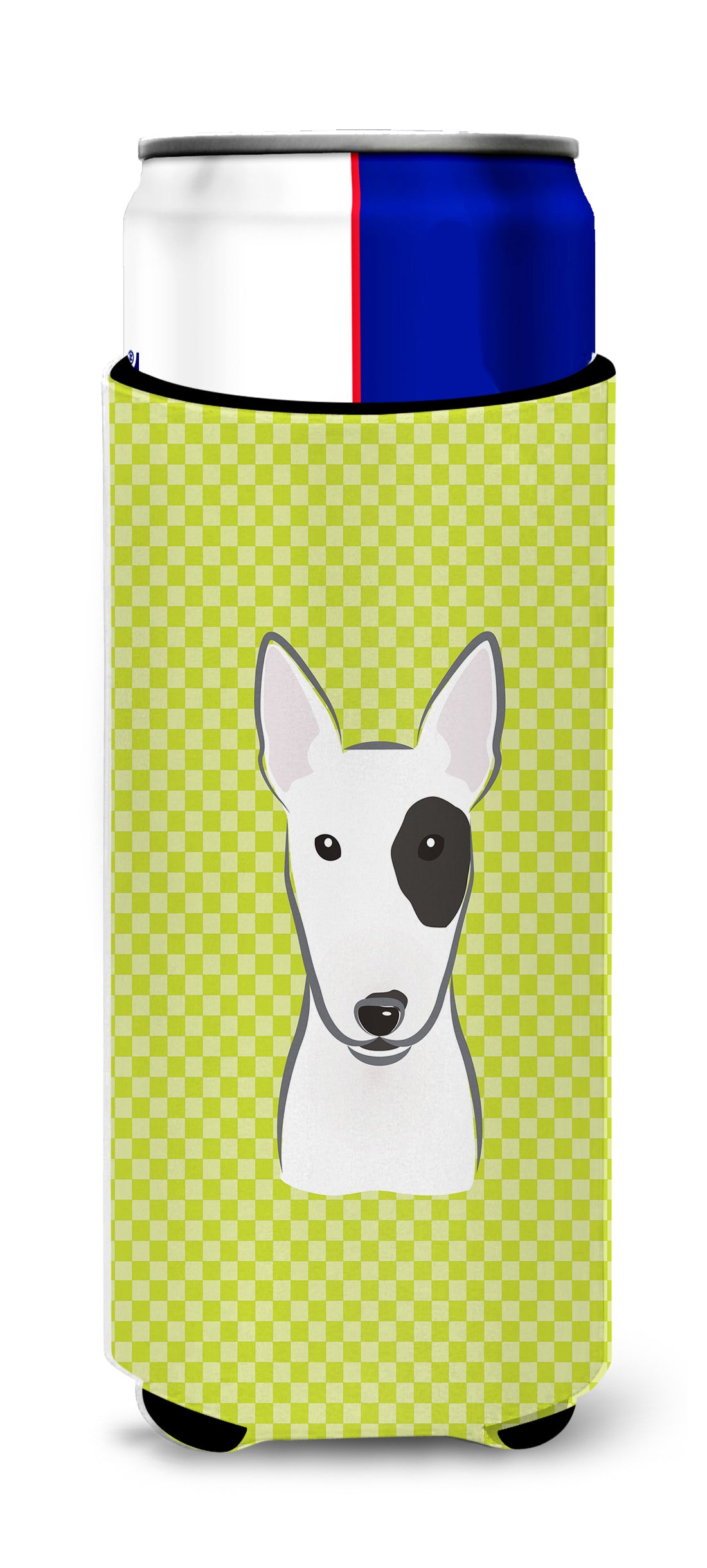 Checkerboard Lime Green Bull Terrier Ultra Beverage Insulators for slim cans.