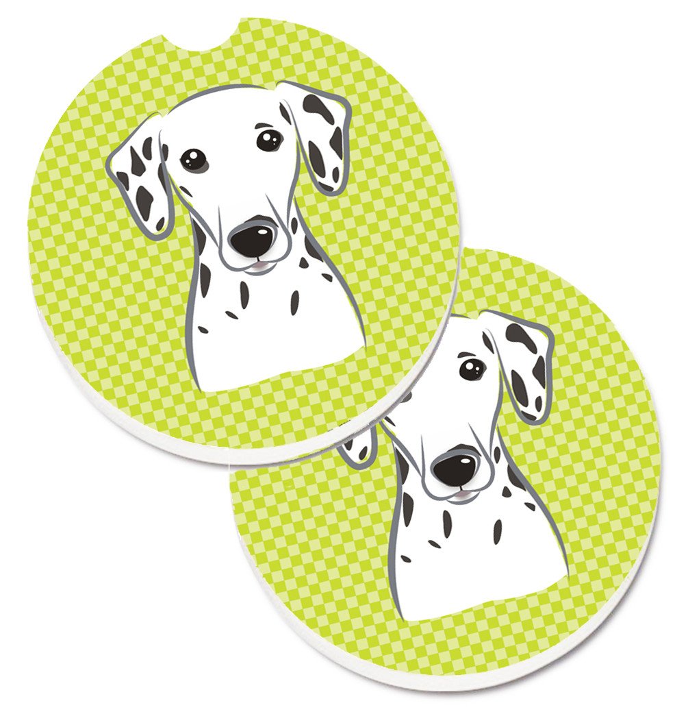 Checkerboard Lime Green Dalmatian Set of 2 Cup Holder Car Coasters BB1272CARC by Caroline&#39;s Treasures