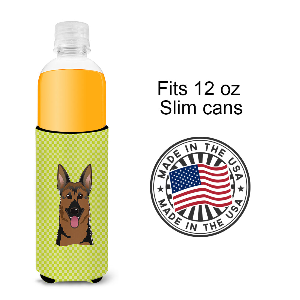 Checkerboard Lime Green German Shepherd Ultra Beverage Insulators for slim cans