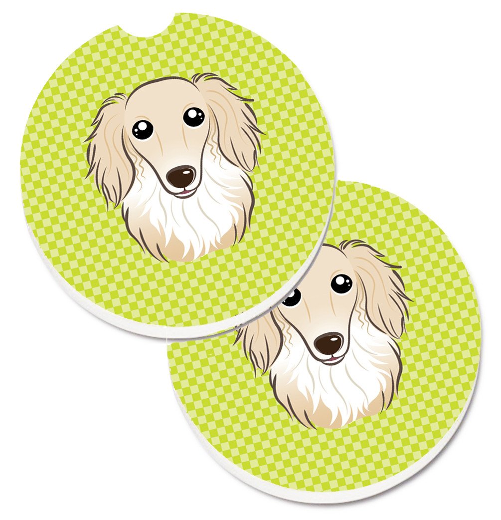 Checkerboard Lime Green Longhair Creme Dachshund Set of 2 Cup Holder Car Coasters BB1274CARC by Caroline&#39;s Treasures