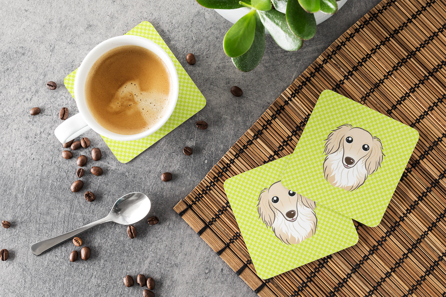 Set of 4 Checkerboard Lime Green Longhair Creme Dachshund Foam Coasters BB1274FC - the-store.com
