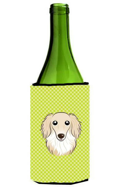 Checkerboard Lime Green Longhair Creme Dachshund Wine Bottle Beverage Insulator Hugger by Caroline's Treasures