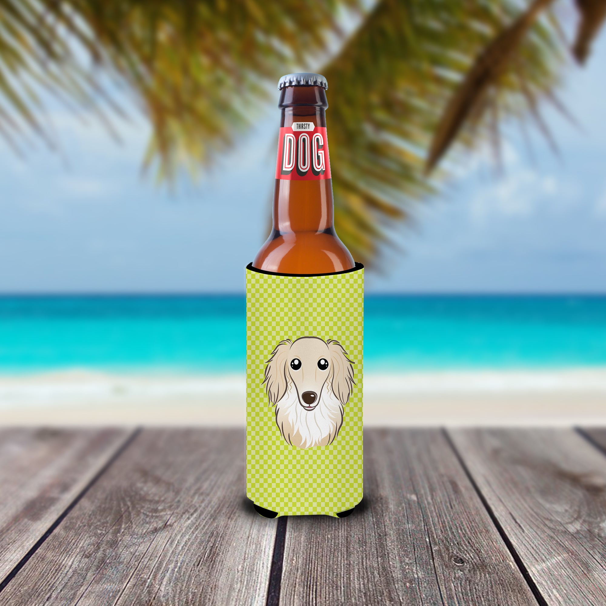 Checkerboard Lime Green Longhair Dachshund Ultra Beverage Insulators for slim cans.