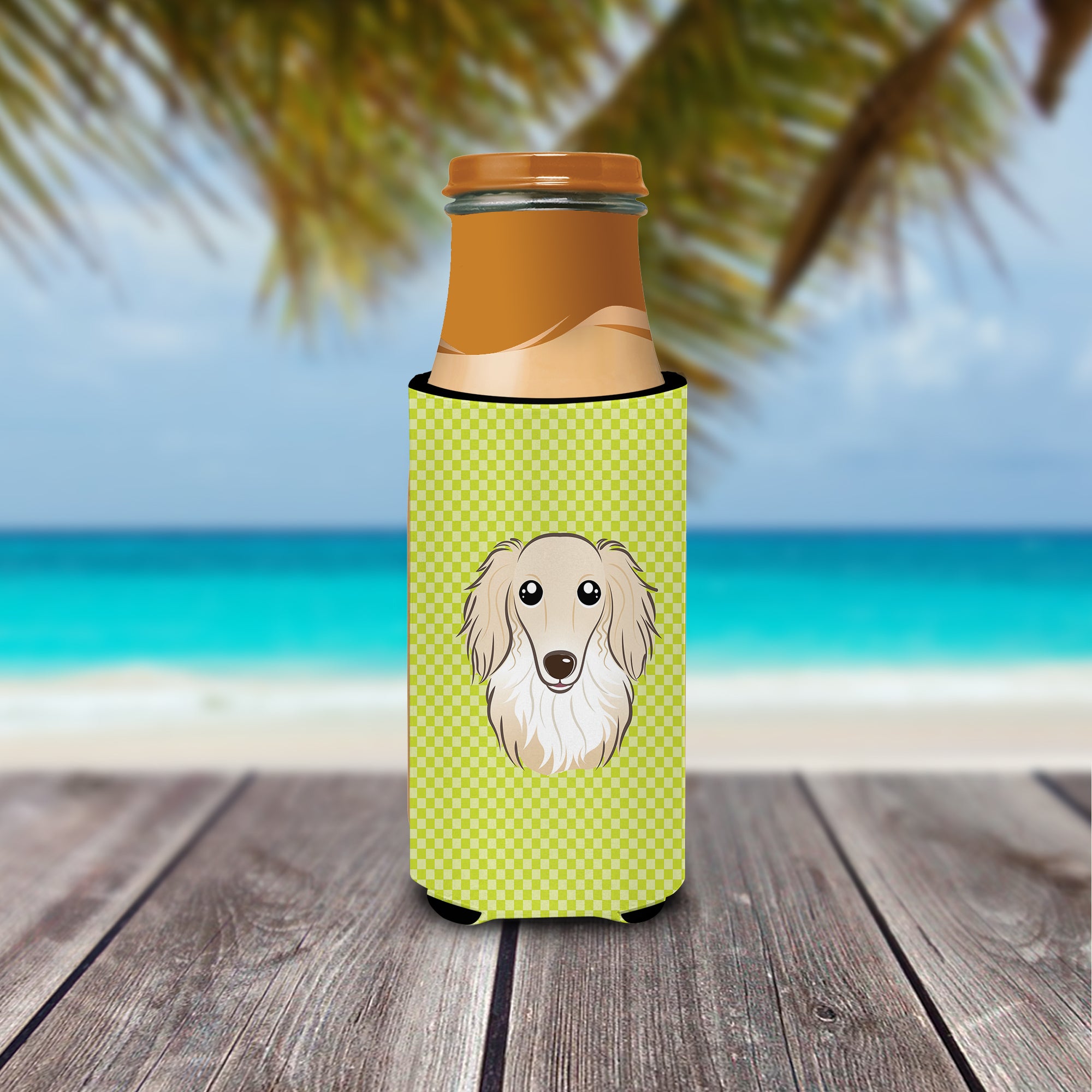 Checkerboard Lime Green Longhair Dachshund Ultra Beverage Insulators for slim cans