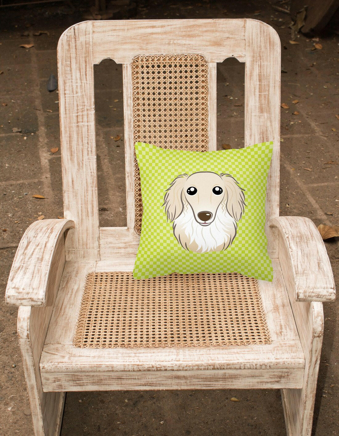 Checkerboard Lime Green Longhair Creme Dachshund Canvas Fabric Decorative Pillow BB1274PW1414 - the-store.com