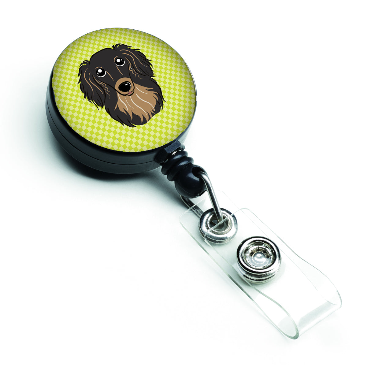 Checkerboard Lime Green Longhair Black and Tan Dachshund Retractable Badge Reel BB1275BR.