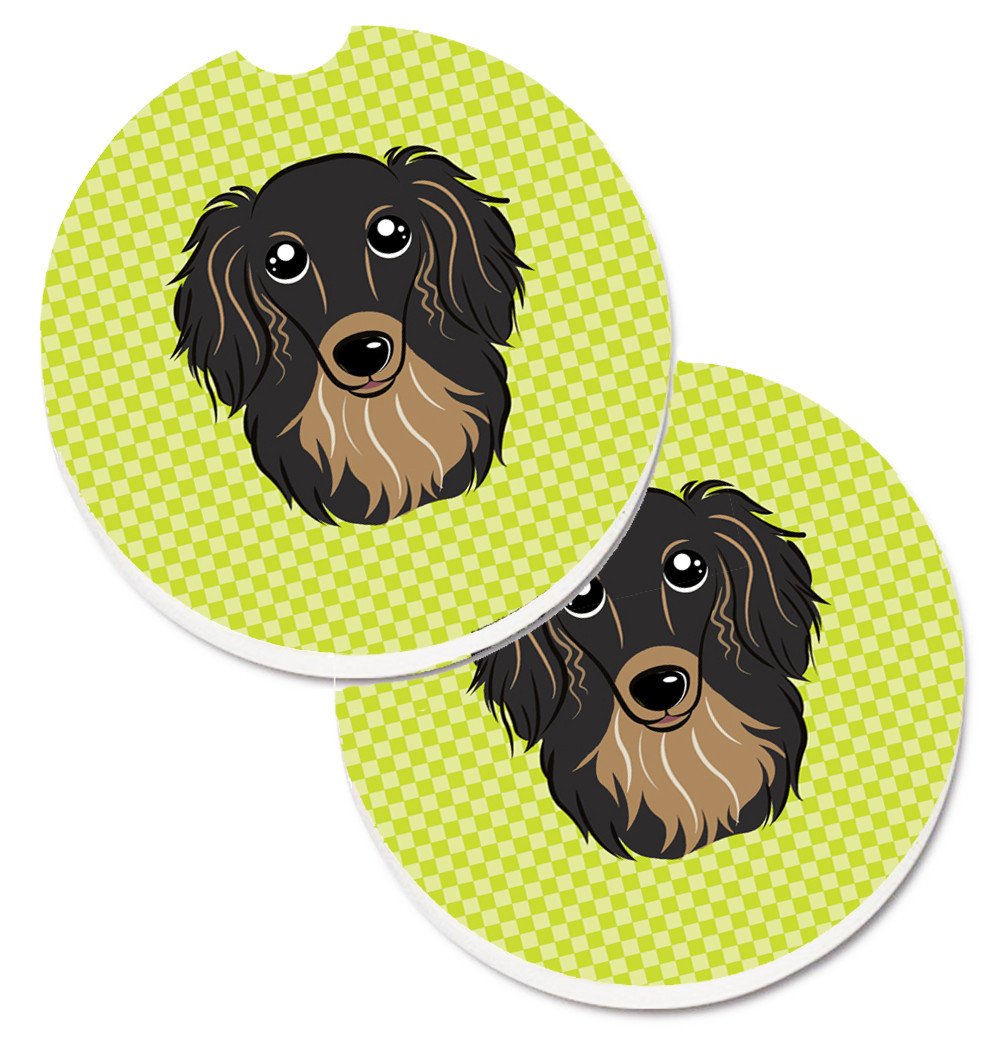 Checkerboard Lime Green Longhair Black and Tan Dachshund Set of 2 Cup Holder Car Coasters BB1275CARC by Caroline&#39;s Treasures