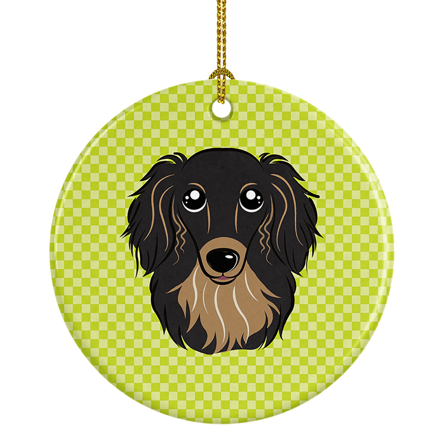 Checkerboard Lime Green Longhair Black and Tan Dachshund Ceramic Ornament BB1275CO1 - the-store.com