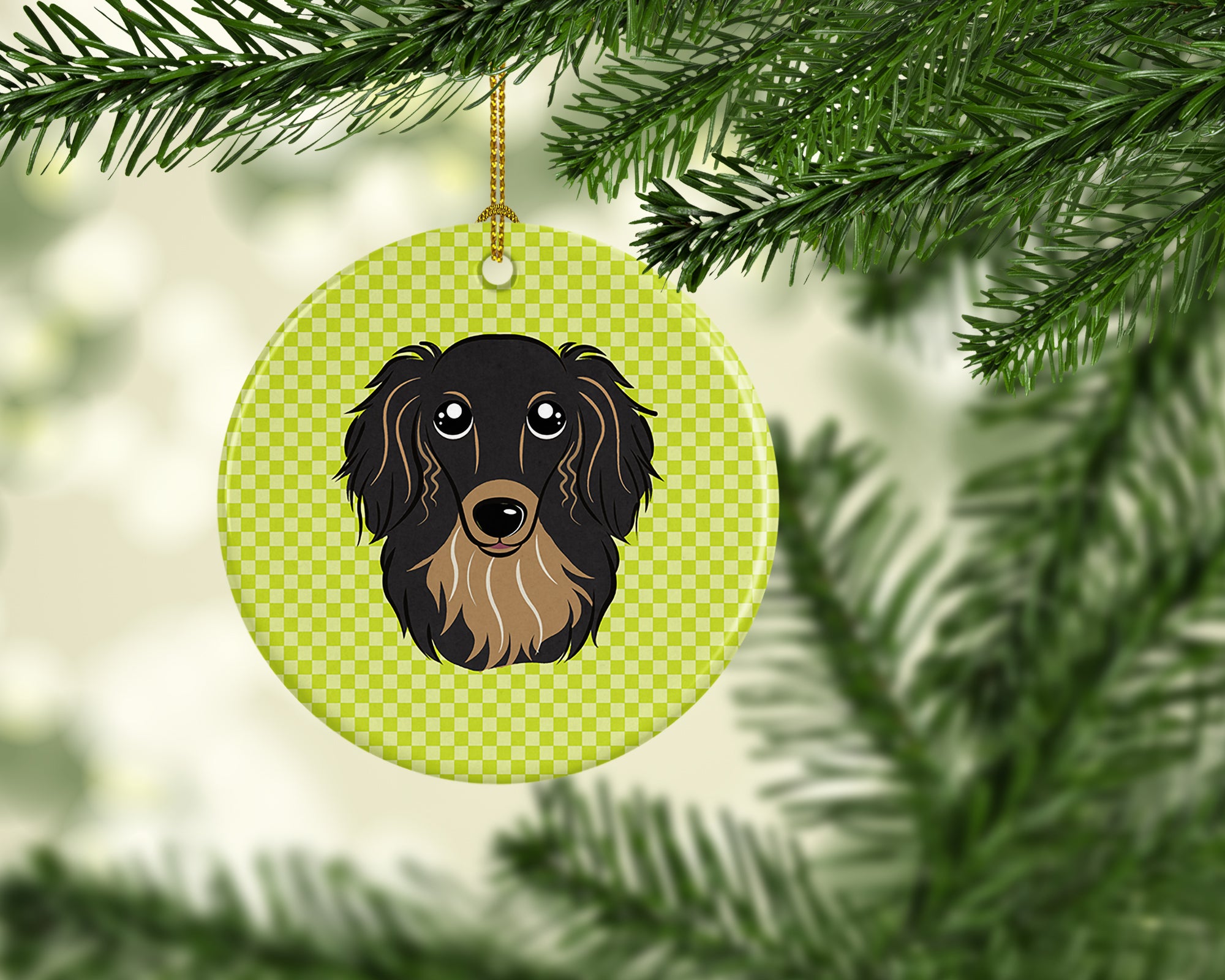 Checkerboard Lime Green Longhair Black and Tan Dachshund Ceramic Ornament BB1275CO1 - the-store.com
