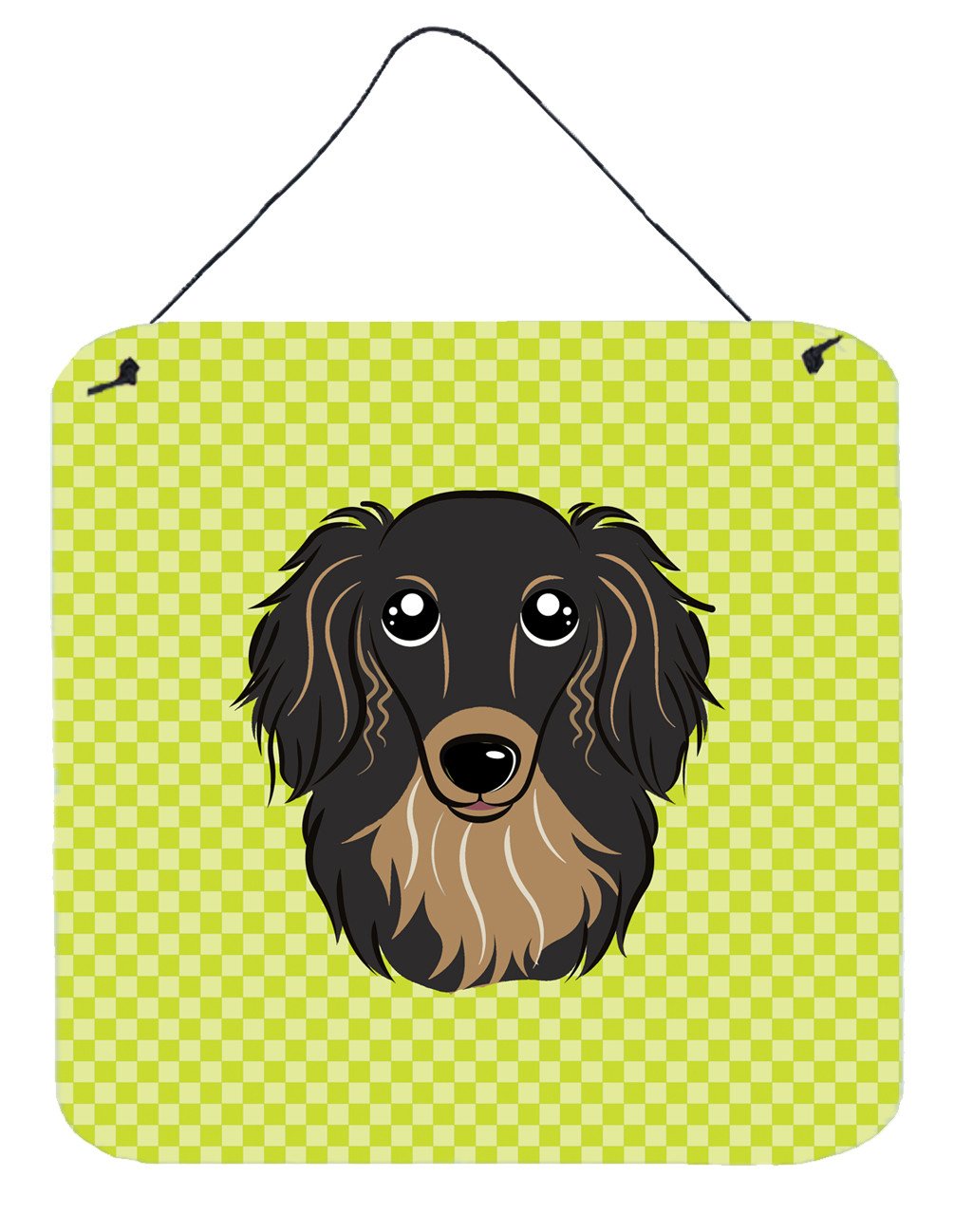 Checkerboard Lime Green Longhair Black and Tan Dachshund Wall or Door Hanging Prints BB1275DS66 by Caroline's Treasures