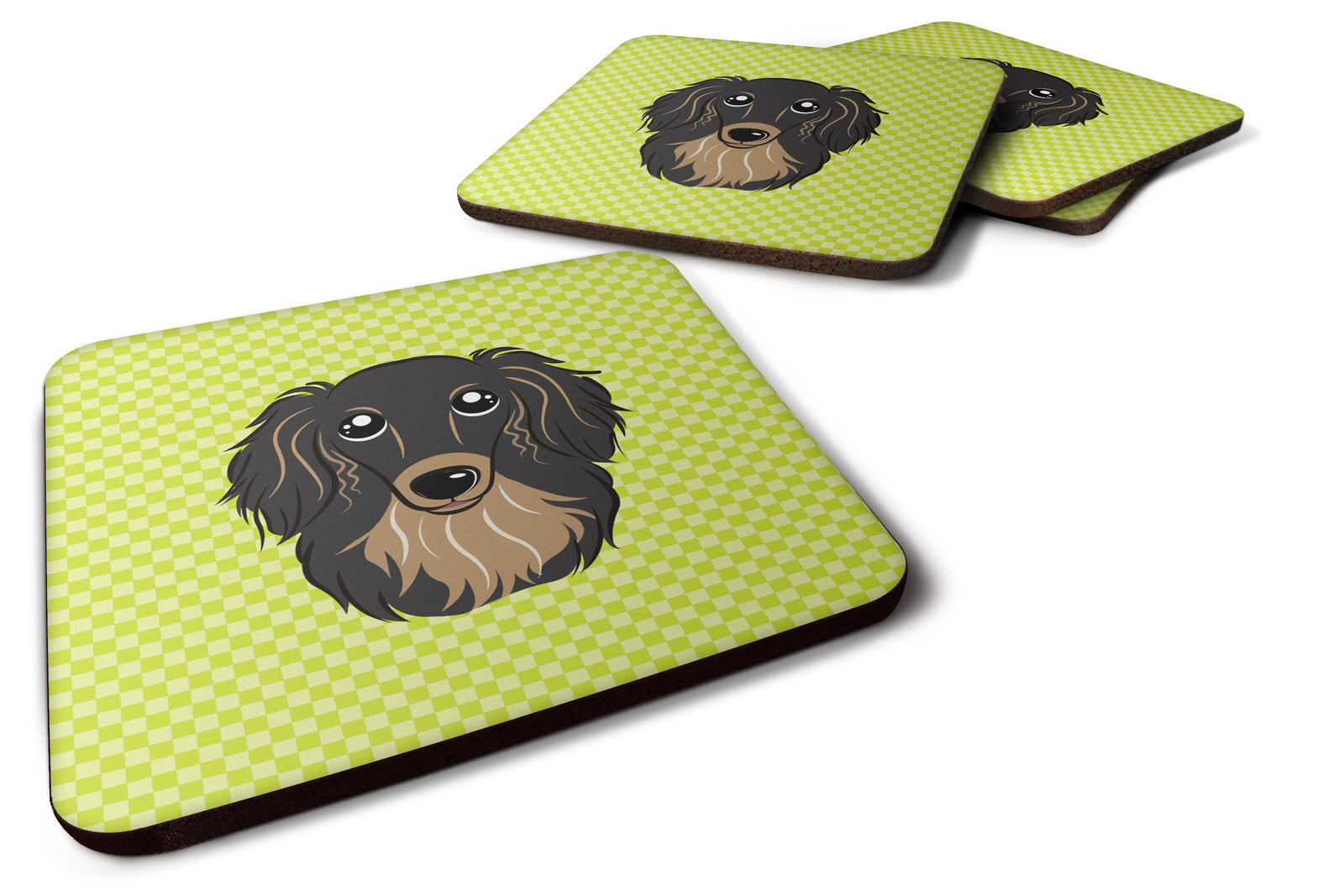 Set of 4 Checkerboard Lime Green Longhair Black and Tan Dachshund Foam Coasters BB1275FC - the-store.com
