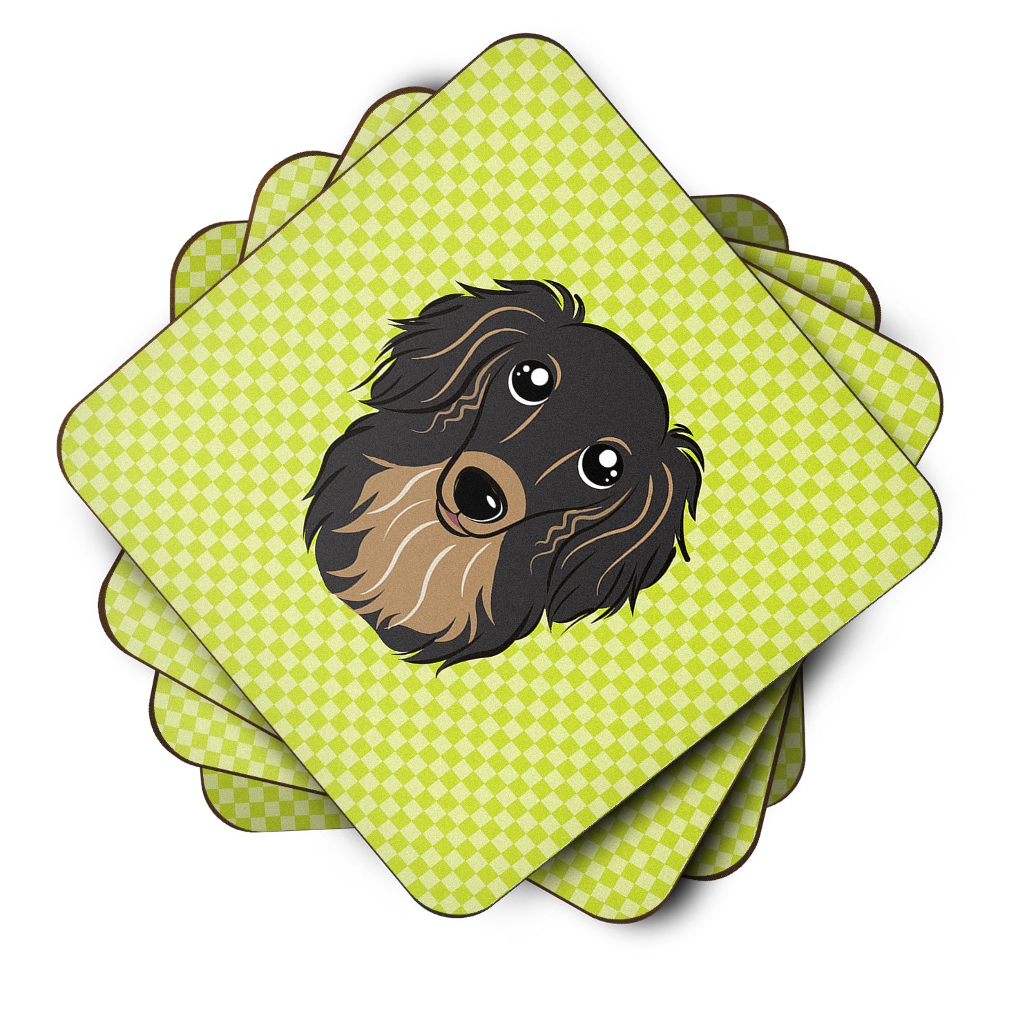 Set of 4 Checkerboard Lime Green Longhair Black and Tan Dachshund Foam Coasters BB1275FC - the-store.com