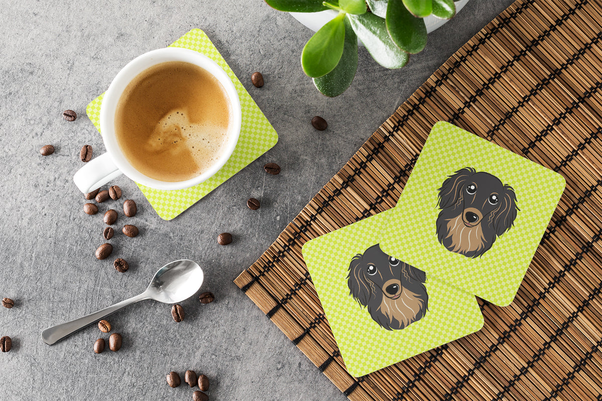 Caroline's Treasures Checkerboard Lime Green Longhair Black and Tan Dachshund Coasters - Set of 4 Lightweight Foam, Absorbent Drink Coasters BB1275FC