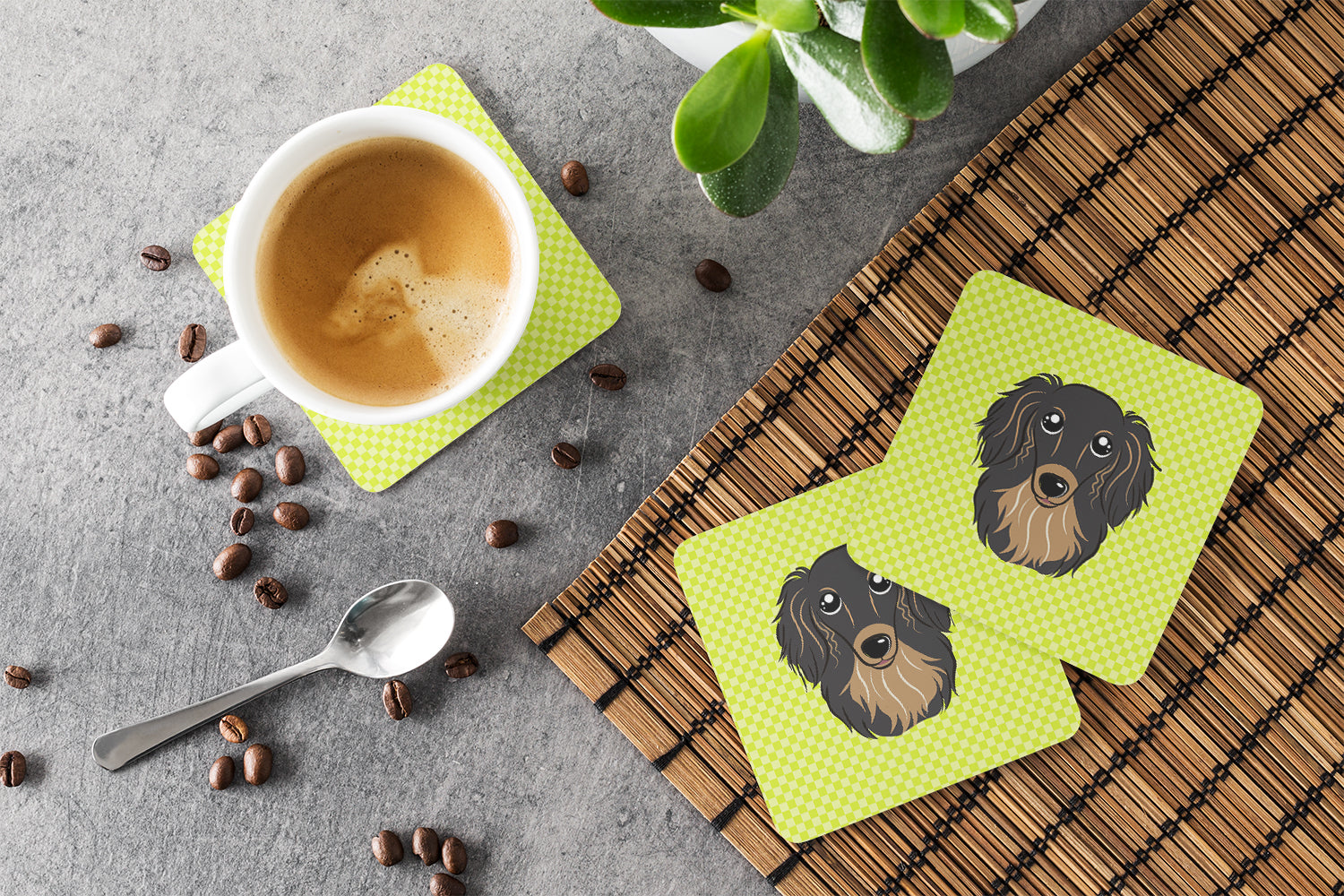 Caroline's Treasures Checkerboard Lime Green Longhair Black and Tan Dachshund Coasters - Set of 4 Lightweight Foam, Absorbent Drink Coasters BB1275FC