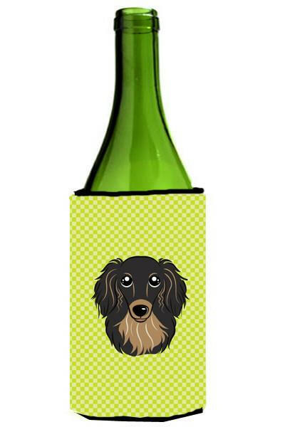 Checkerboard Lime Green Longhair Black Tan Dachshund Wine Bottle Beverage Insulator Hugger by Caroline's Treasures