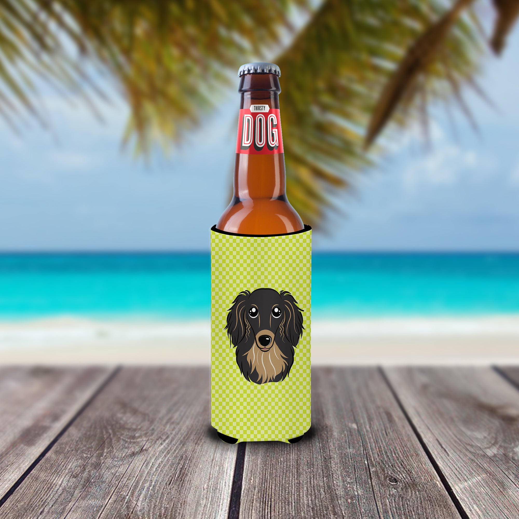 Checkerboard Lime Green Black Dachshund Ultra Beverage Insulators for slim cans.