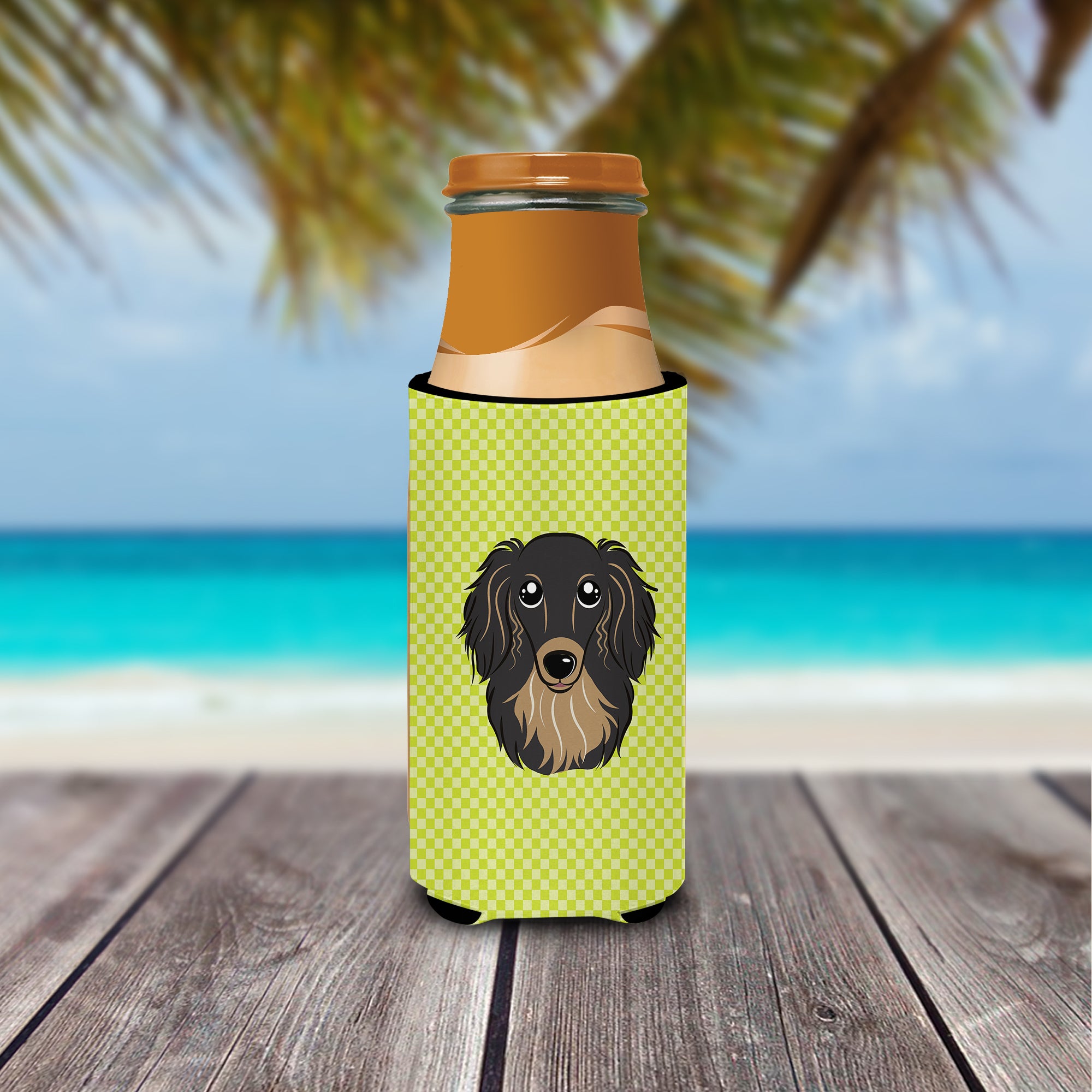 Checkerboard Lime Green Black Dachshund Ultra Beverage Insulators for slim cans