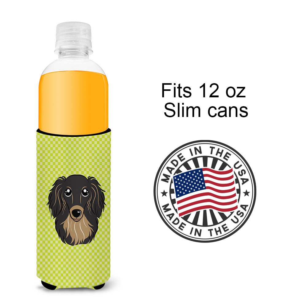 Checkerboard Lime Green Black Dachshund Ultra Beverage Insulators for slim cans.