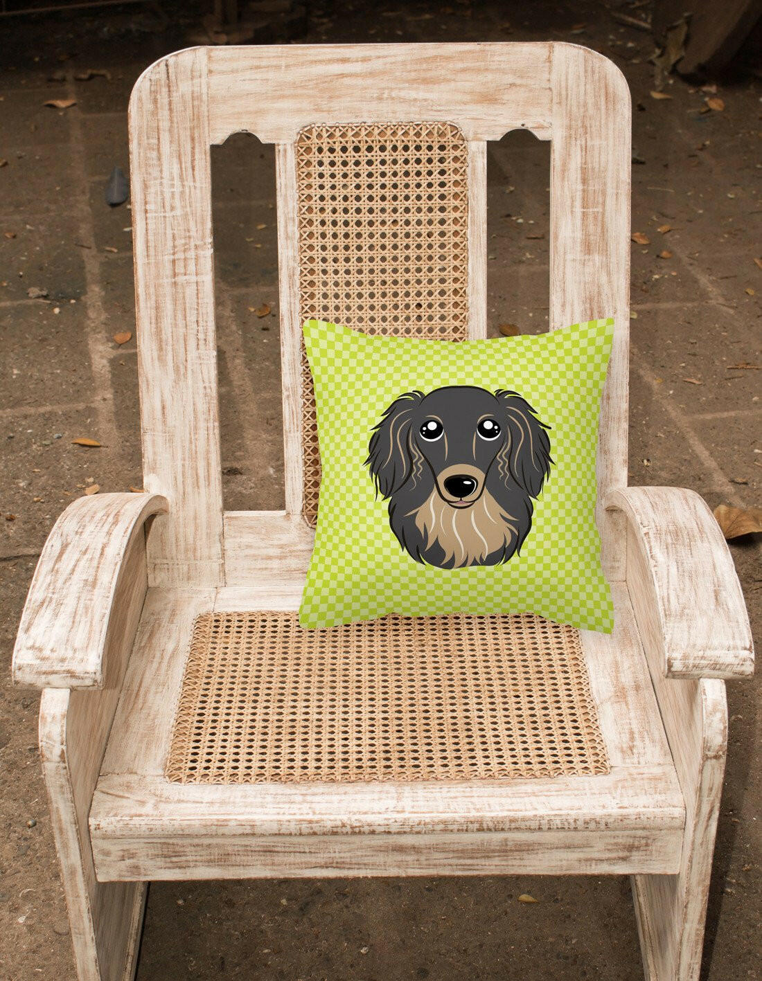 Checkerboard Lime Green Longhair Black and Tan Dachshund Canvas Fabric Decorative Pillow BB1275PW1414 - the-store.com