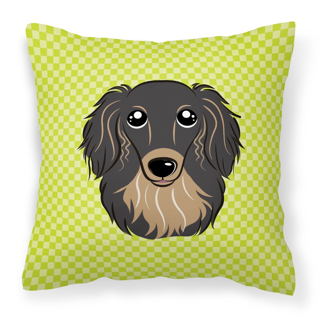 Checkerboard Lime Green Longhair Black and Tan Dachshund Canvas Fabric Decorative Pillow by Caroline&#39;s Treasures