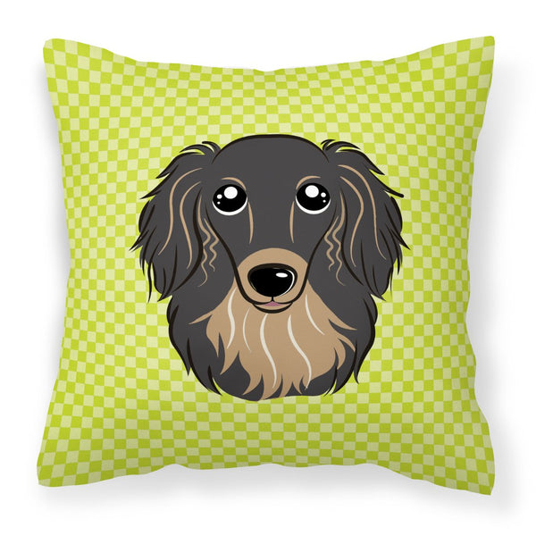 Checkerboard Lime Green Longhair Black and Tan Dachshund Canvas Fabric Decorative Pillow by Caroline's Treasures