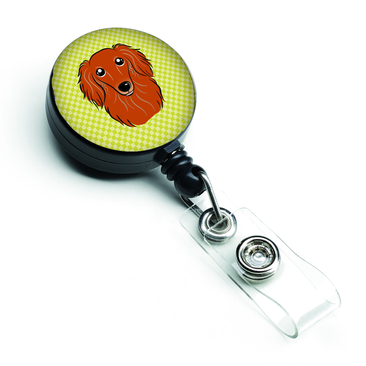 Checkerboard Lime Green Longhair Red Dachshund Retractable Badge Reel BB1276BR.