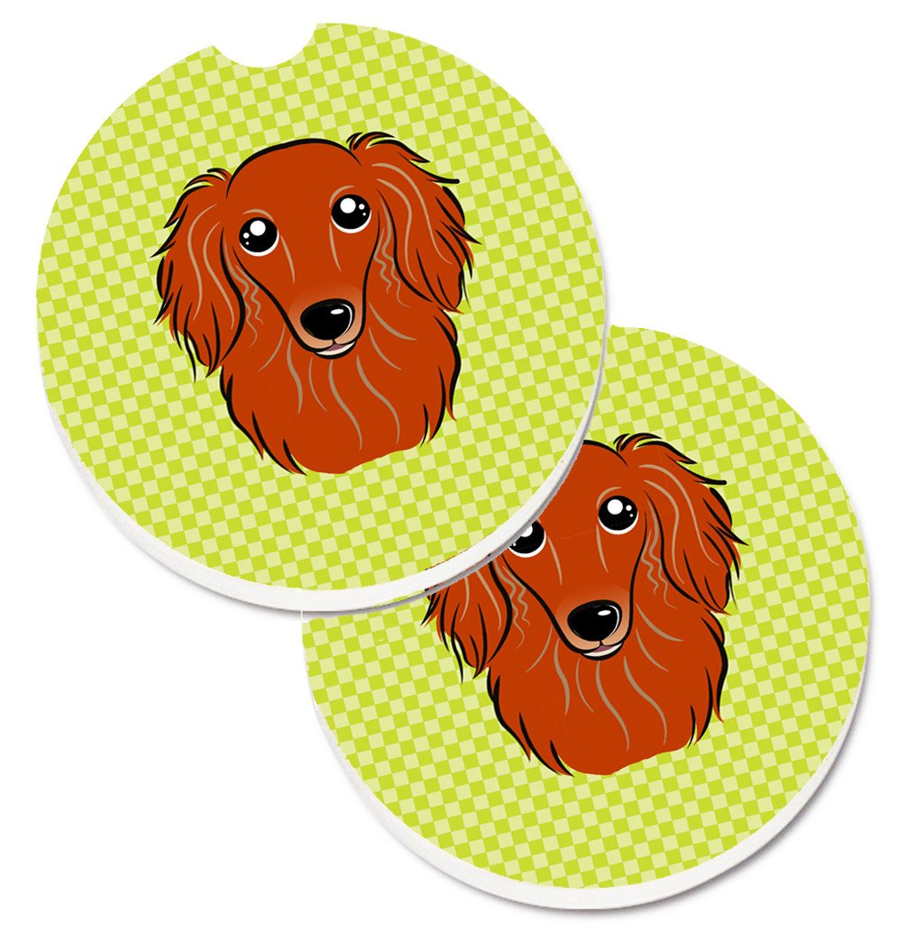 Checkerboard Lime Green Longhair Red Dachshund Set of 2 Cup Holder Car Coasters BB1276CARC by Caroline&#39;s Treasures