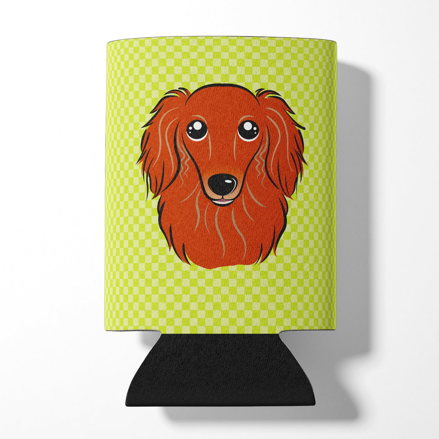 Checkerboard Lime Green Longhair Red Dachshund Can or Bottle Hugger BB1276CC.