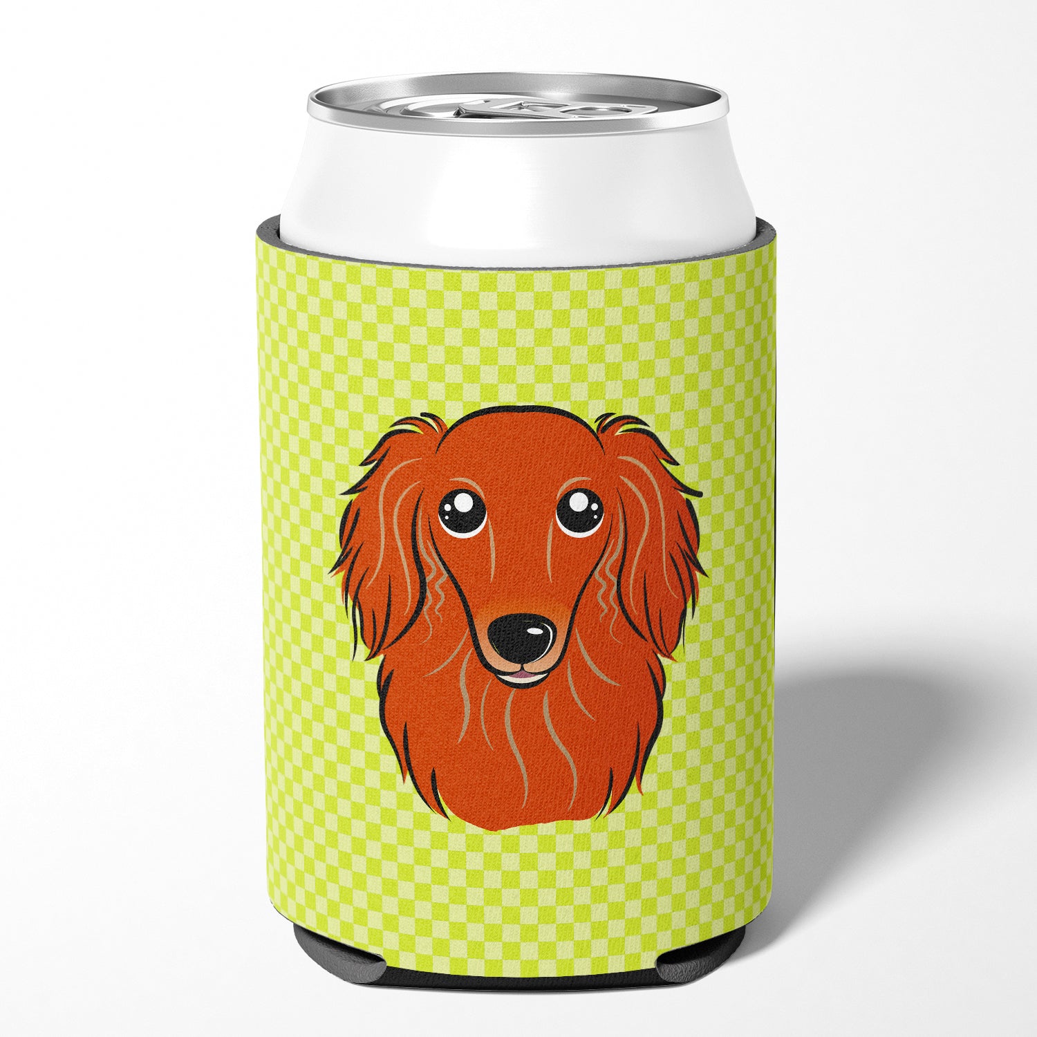 Checkerboard Lime Green Longhair Red Dachshund Can or Bottle Hugger BB1276CC.