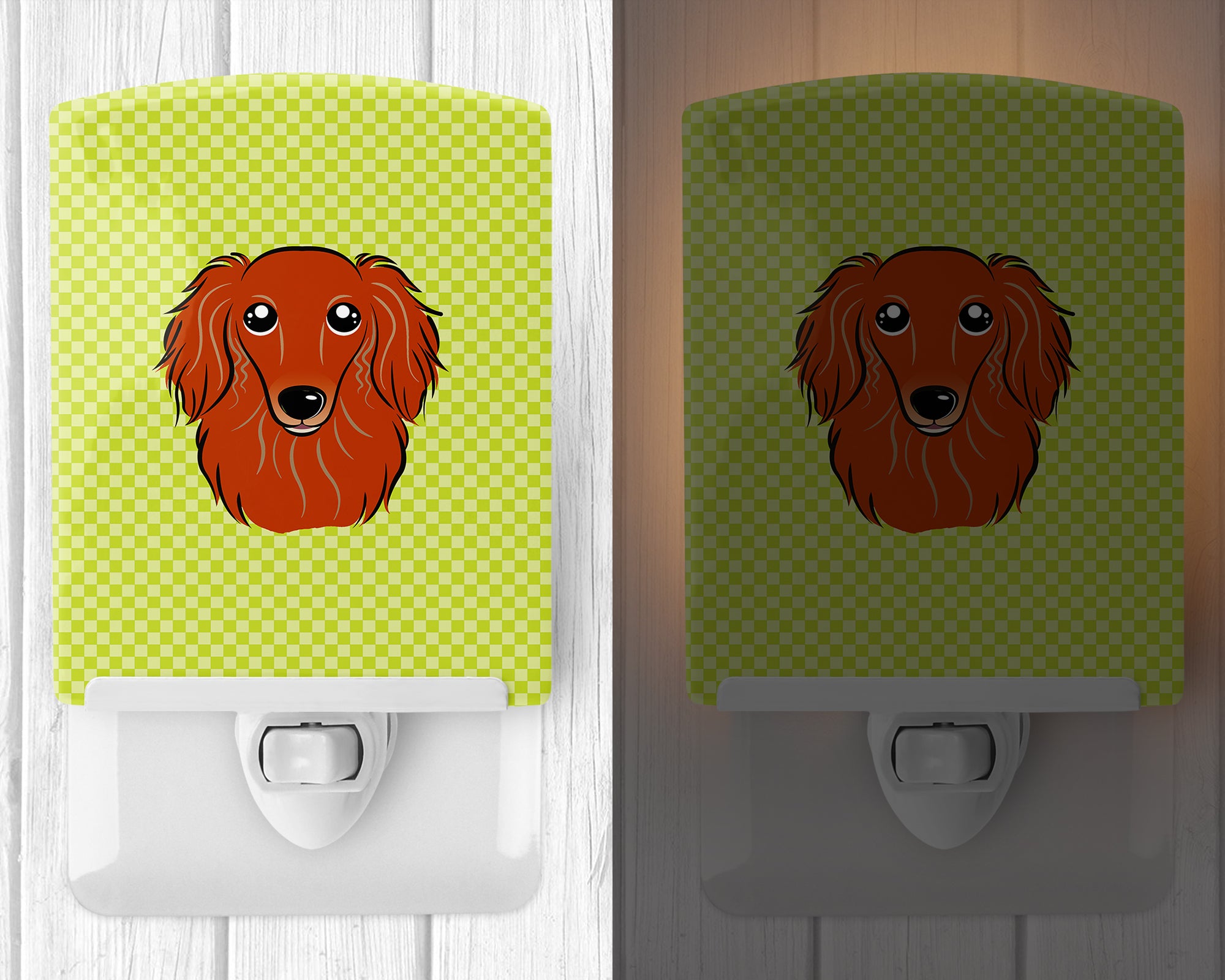 Checkerboard Lime Green Longhair Red Dachshund Ceramic Night Light BB1276CNL - the-store.com