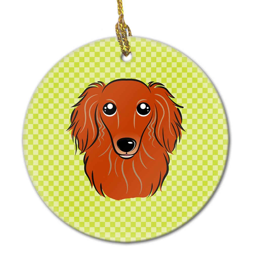 Checkerboard Lime Green Longhair Red Dachshund Ceramic Ornament BB1276CO1 by Caroline&#39;s Treasures