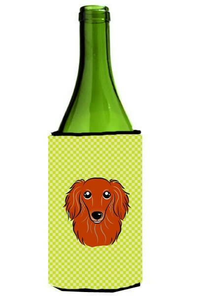 Checkerboard Lime Green Longhair Red Dachshund Wine Bottle Beverage Insulator Hugger by Caroline&#39;s Treasures