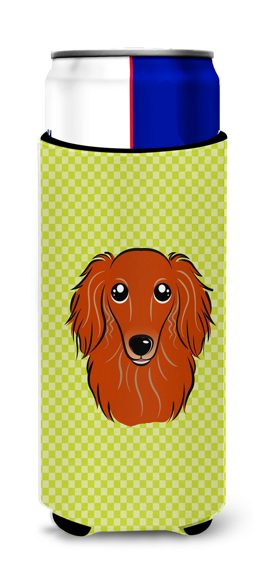 Checkerboard Lime Green Longhair Red Dachshund Ultra Beverage Insulators slim cans.