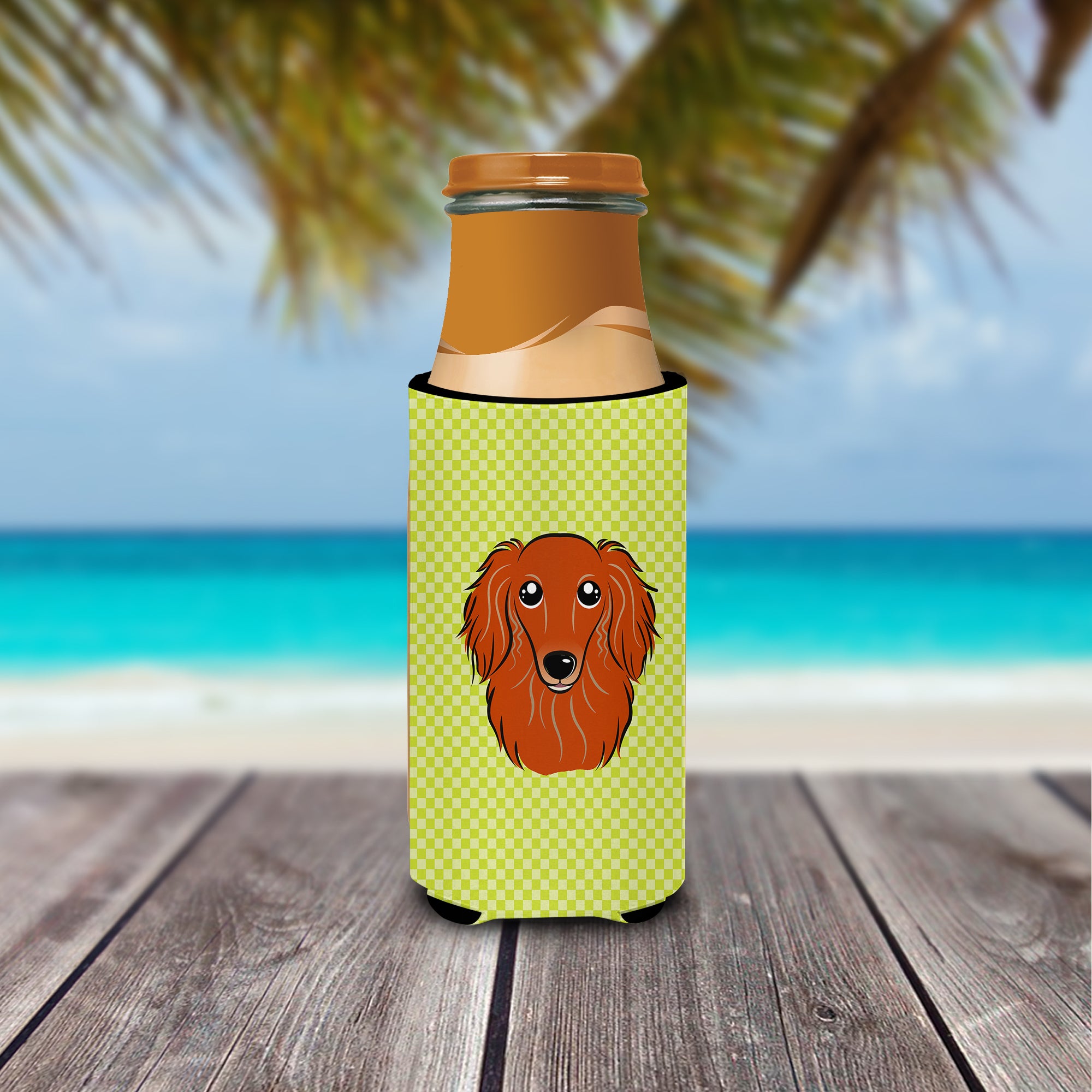 Checkerboard Lime Green Longhair Red Dachshund Ultra Beverage Insulators slim cans.