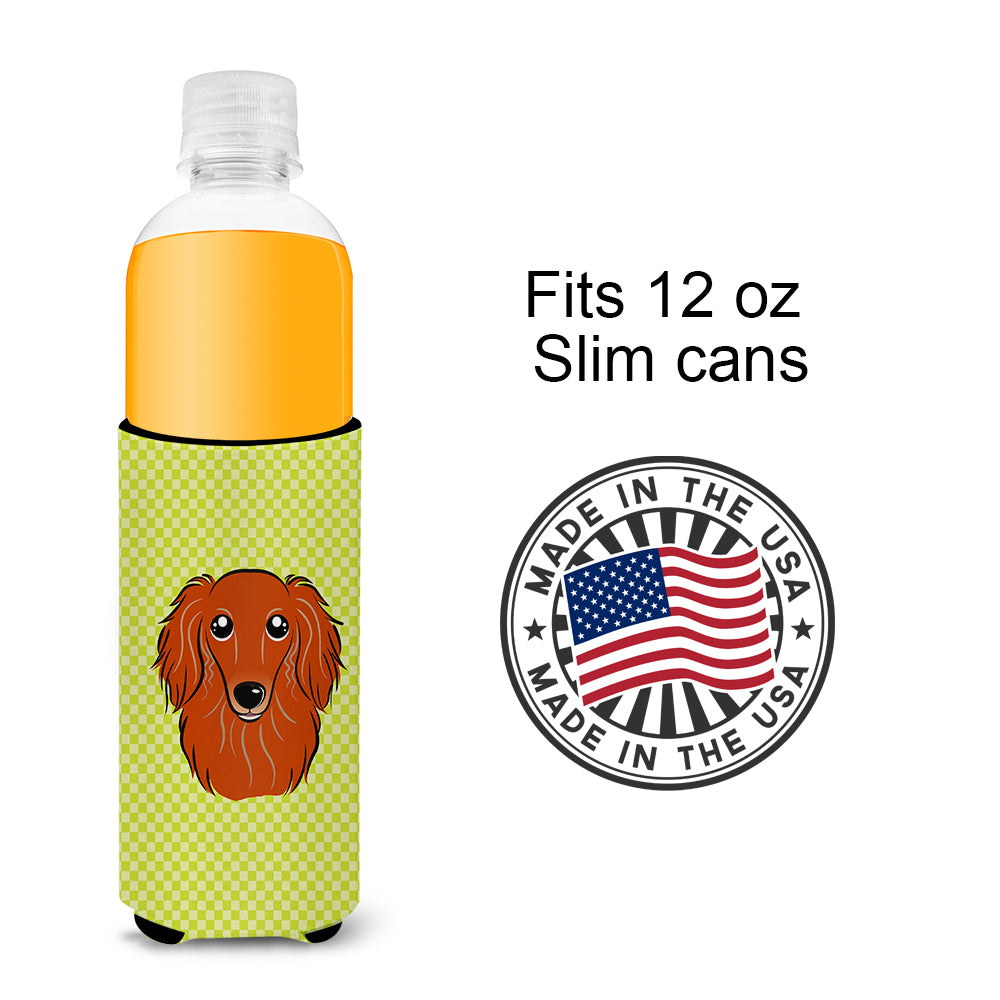 Checkerboard Lime Green Longhair Red Dachshund Ultra Beverage Insulators slim cans