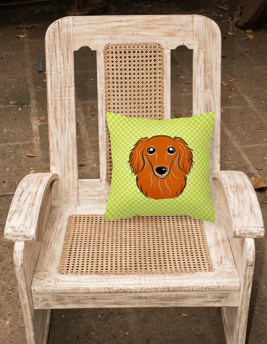 Checkerboard Lime Green Longhair Red Dachshund Canvas Fabric Decorative Pillow BB1276PW1414 - the-store.com