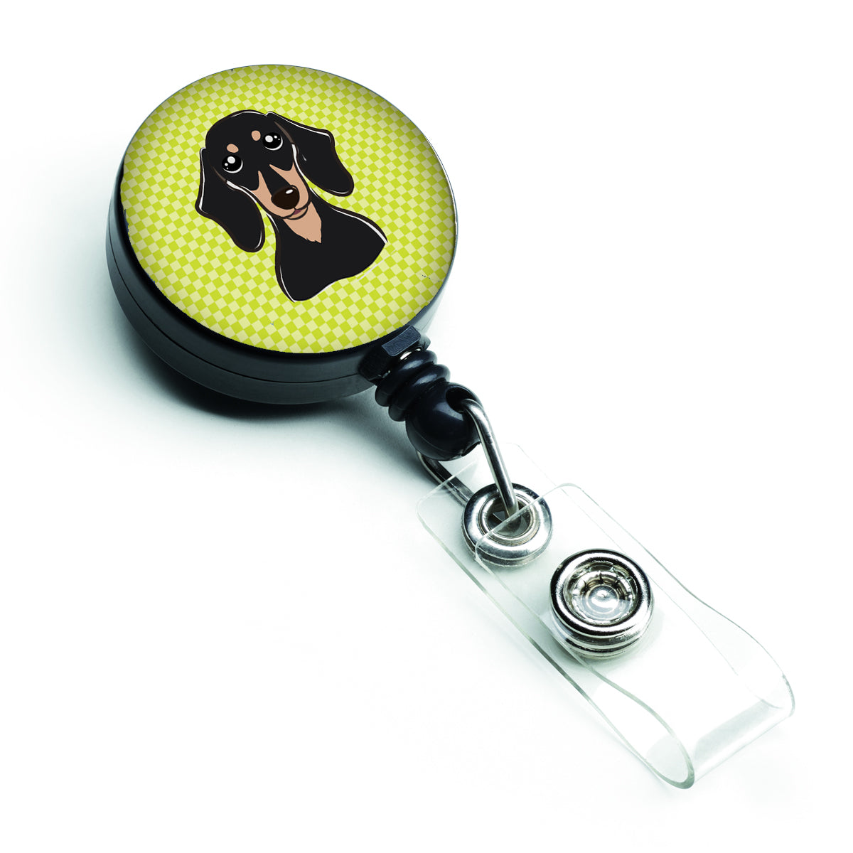 Checkerboard Lime Green Smooth Black and Tan Dachshund Retractable Badge Reel BB1277BR