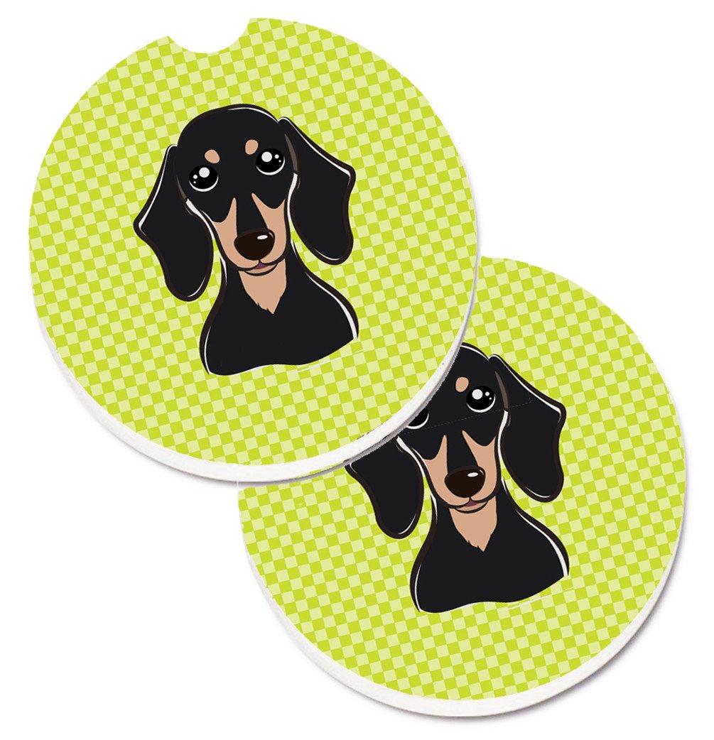Checkerboard Lime Green Smooth Black and Tan Dachshund Set of 2 Cup Holder Car Coasters BB1277CARC by Caroline&#39;s Treasures