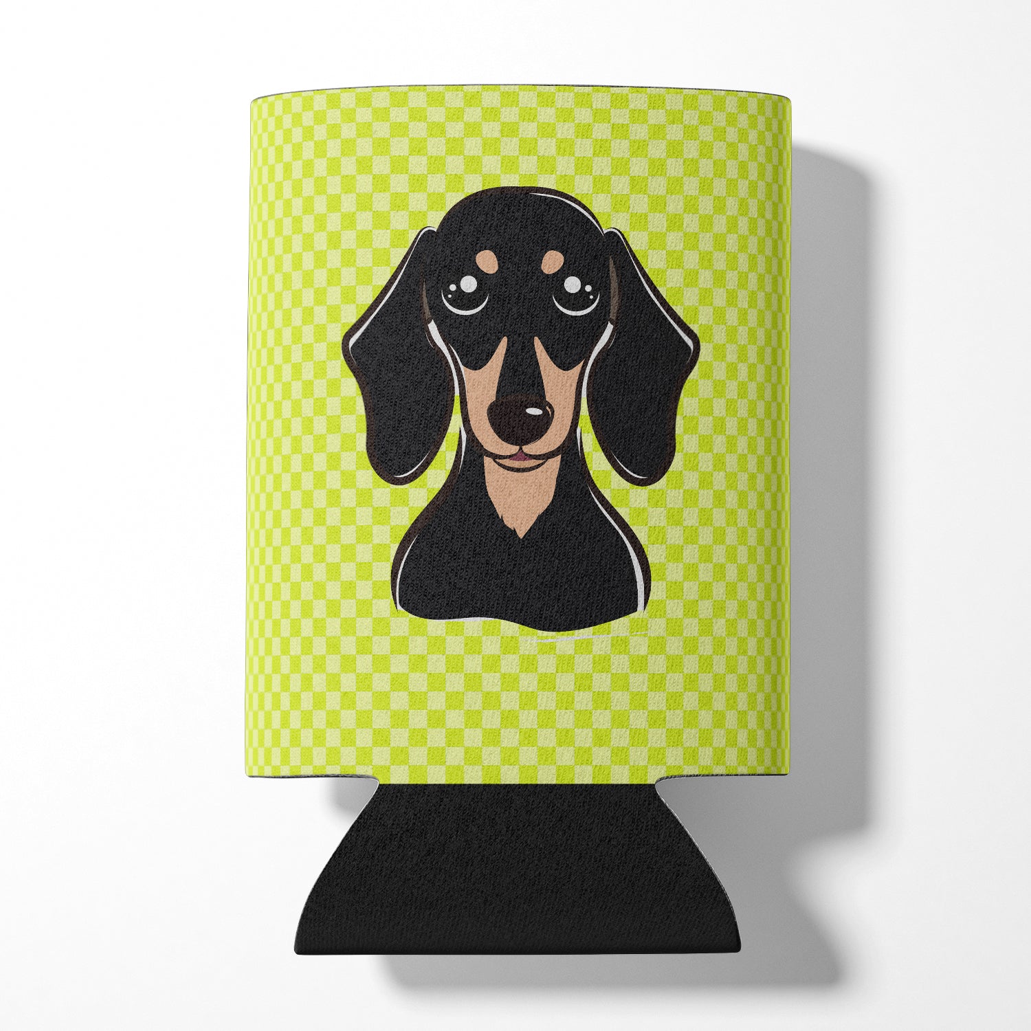 Checkerboard Lime Green Smooth Black and Tan Dachshund Can or Bottle Hugger BB1277CC.