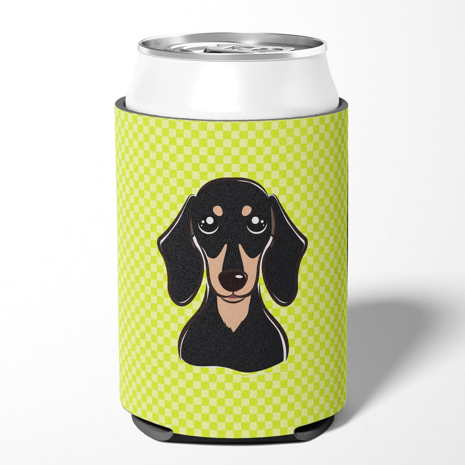 Checkerboard Lime Green Smooth Black and Tan Dachshund Can or Bottle Hugger BB1277CC