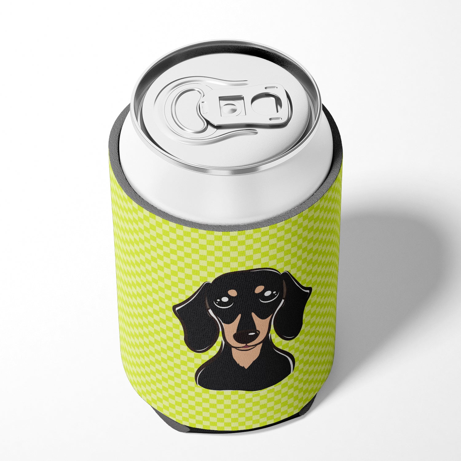 Checkerboard Lime Green Smooth Black and Tan Dachshund Can or Bottle Hugger BB1277CC.
