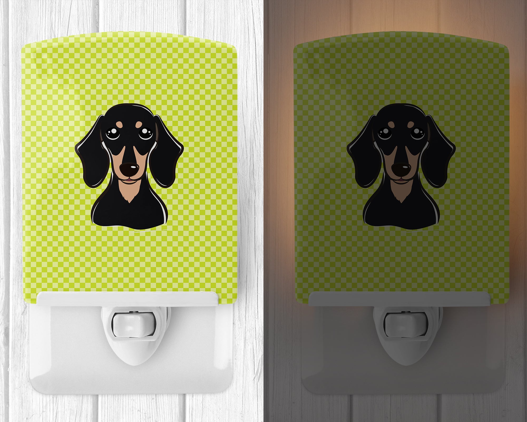 Checkerboard Lime Green Smooth Black and Tan Dachshund Ceramic Night Light BB1277CNL - the-store.com