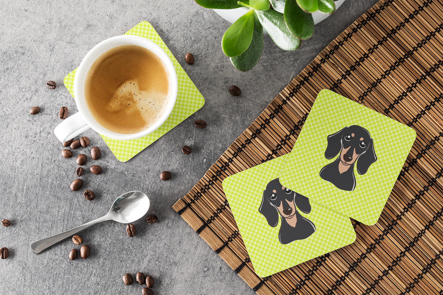 Set of 4 Checkerboard Lime Green Smooth Black and Tan Dachshund Foam Coasters BB1277FC - the-store.com